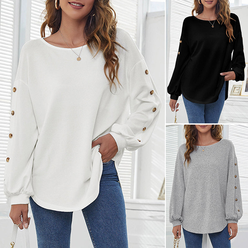 Round Collar Loose Leisure Lantern Buckle T-shirt