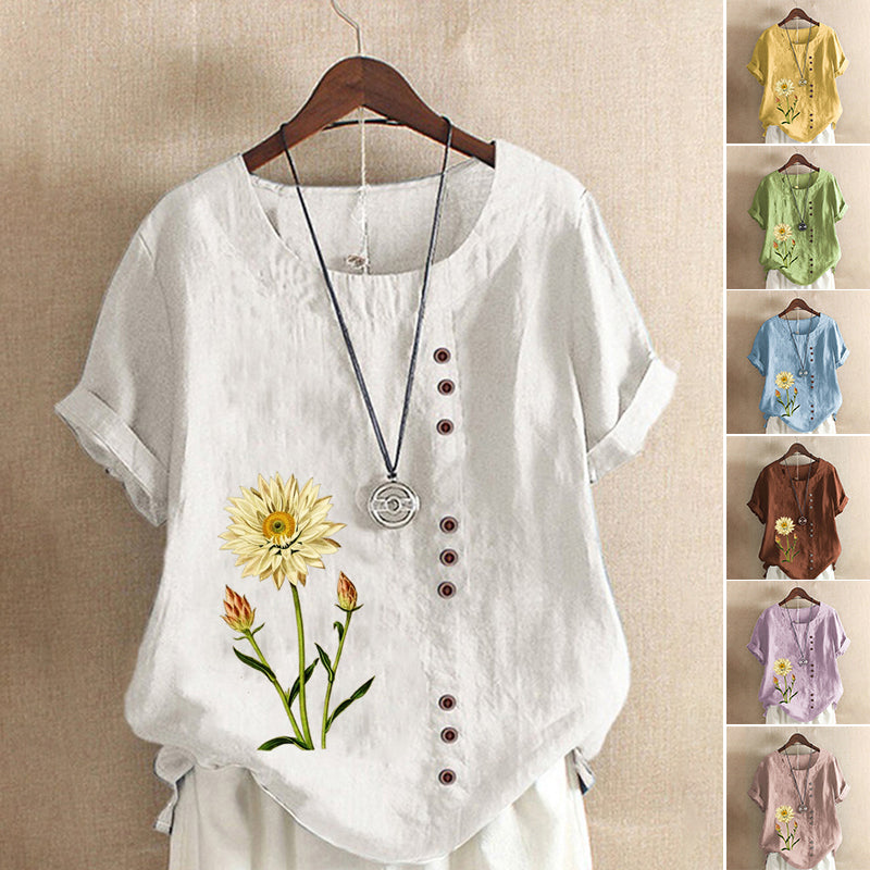 Women's Printed Cotton Linen Loose Casual Shirt