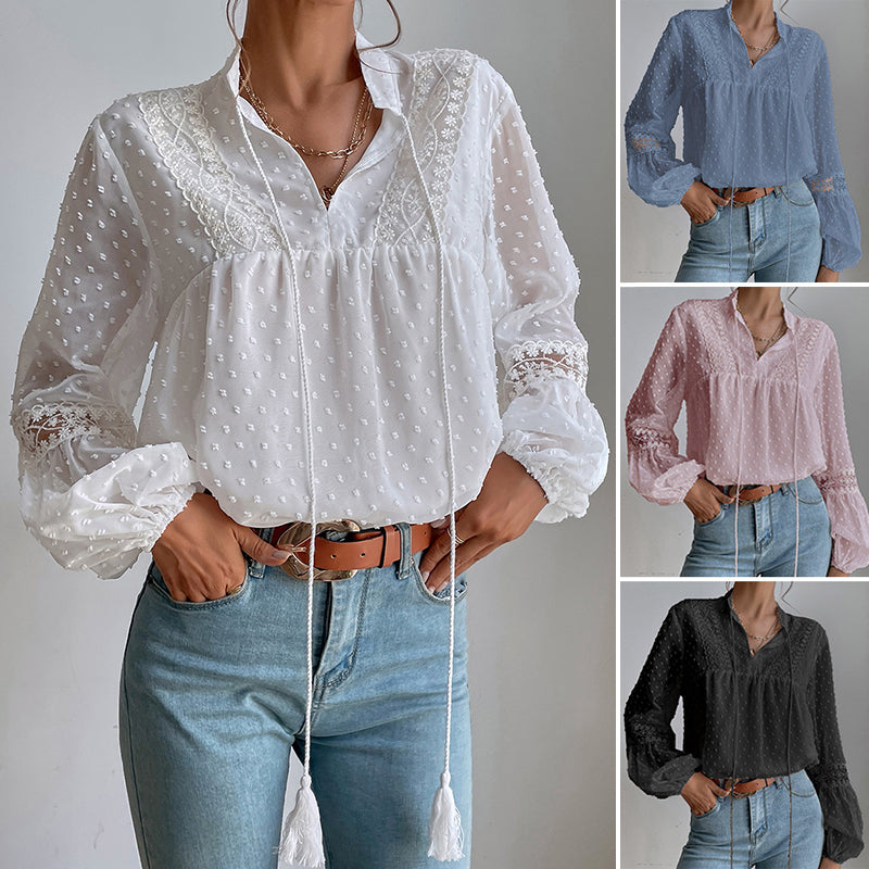 Polka Dot Chiffon Lace Panel Loose Blouse