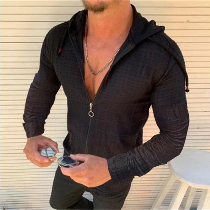 Casual Long-sleeved Shirt Hooded Fitting Cardigan Zipped Cardigan Shirt