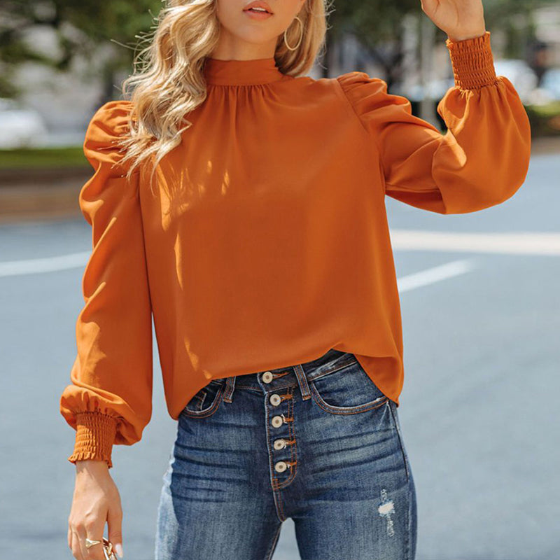 High Neck Elasticized Long Sleeve Shirt