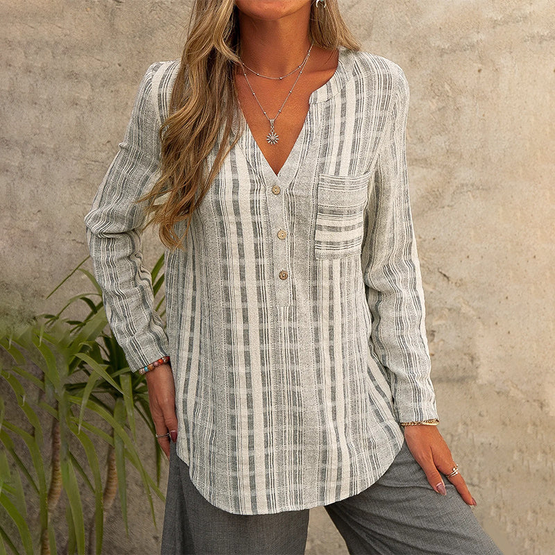 V Neck Long Sleeve Striped Shirt