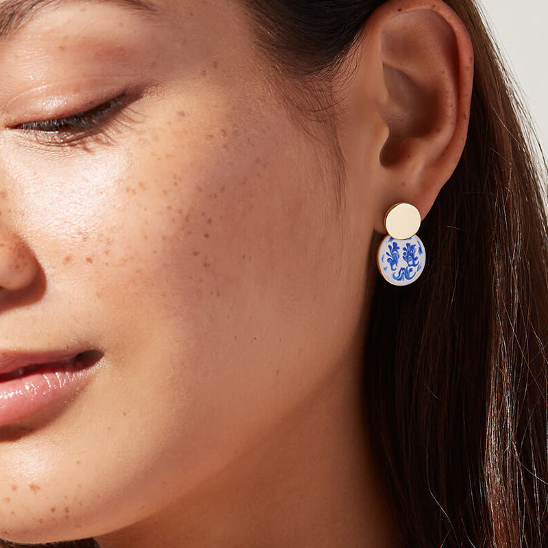 Blue and White Porcelain Enamel Oil Drop Earrings