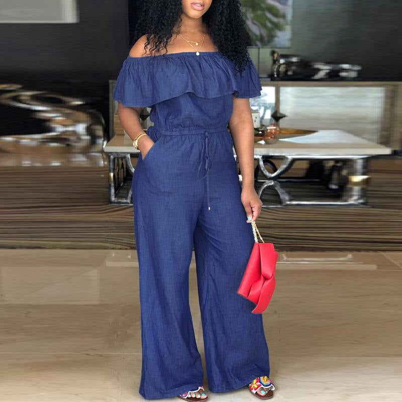 Foldover Ruffle Trim Drawstring Denim Jumpsuit