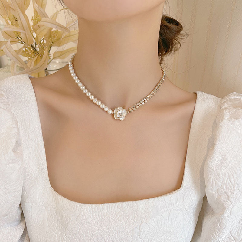 Sparkling Diamond Flower Pearl Necklace