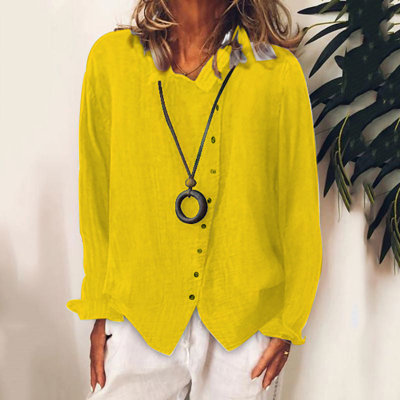 Solid Color Cotton Linen Lapel Shirt