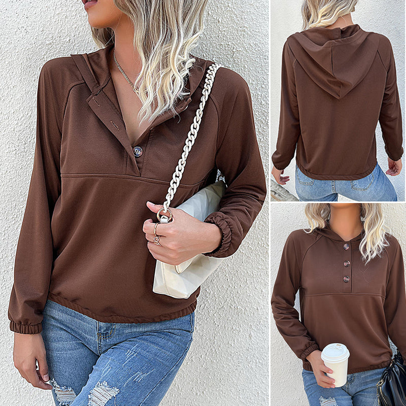 Ladies Casual Hooded Button Pullover Sweatshirt