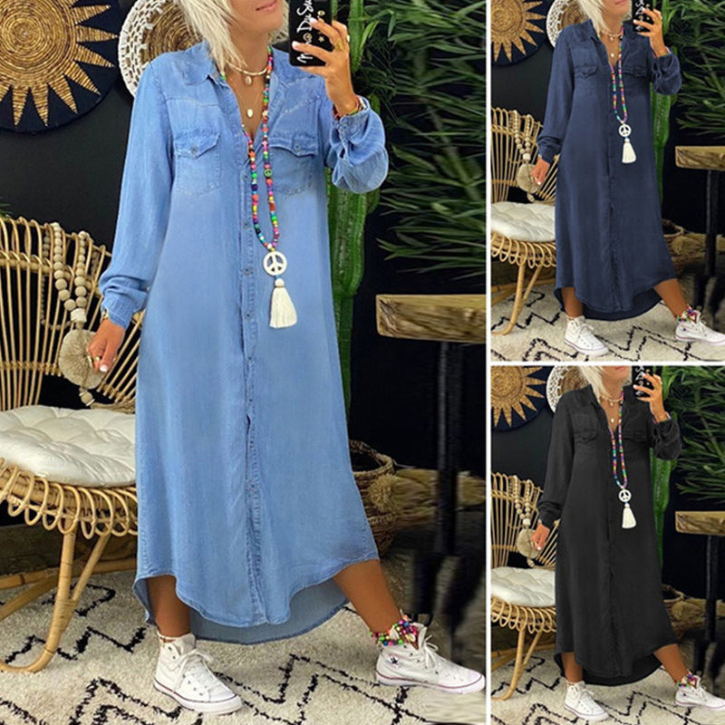 Women's Solid Color Long Sleeve Casual Denim Dress