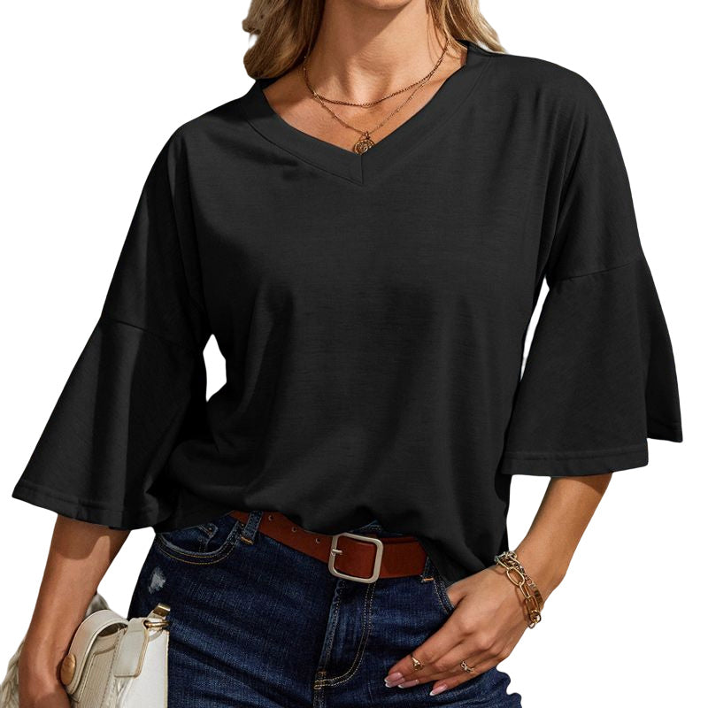 Plain V-neck flared T-shirt