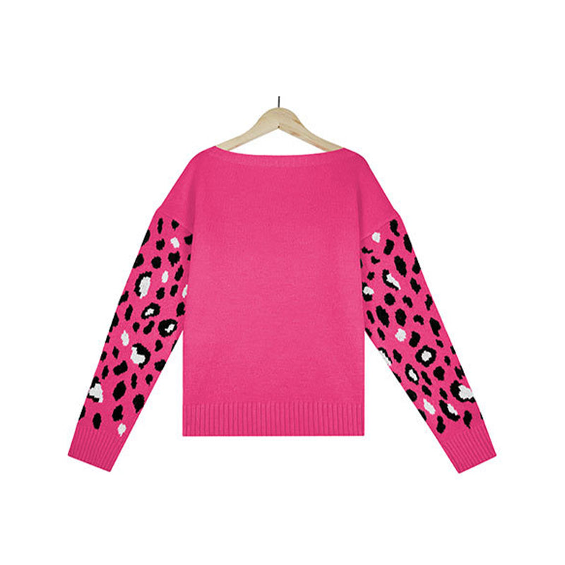 Leopard Print Crew Neck Knit Sweater