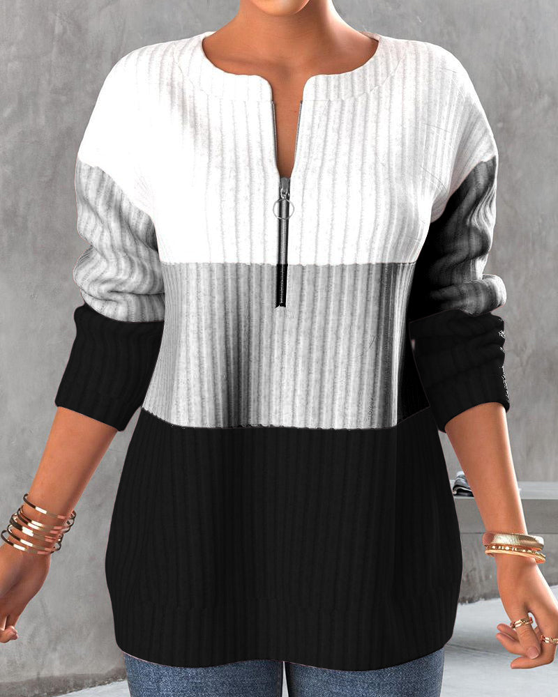 Color Block Zipper Blouse