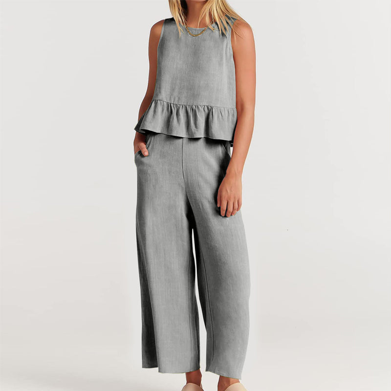 Women Sleeveless pleated tank top wide leg pants set