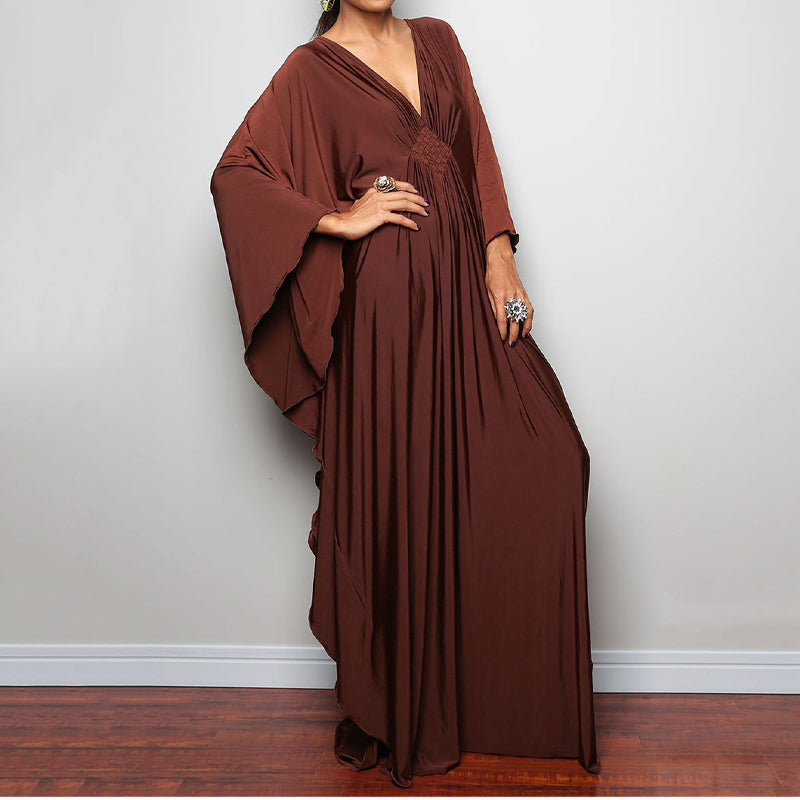 Loose V neck Plus Size Long Solid Color Bikini Cover-Up