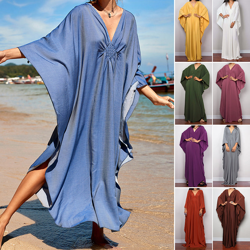 Loose V neck Plus Size Long Solid Color Bikini Cover-Up