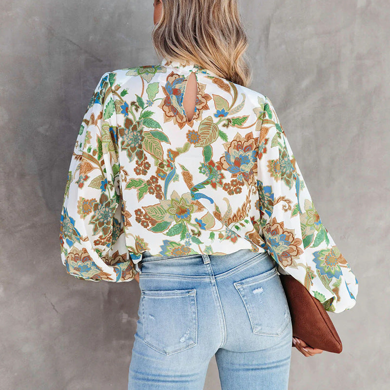 Stand Collar Balloon Sleeve Shirt