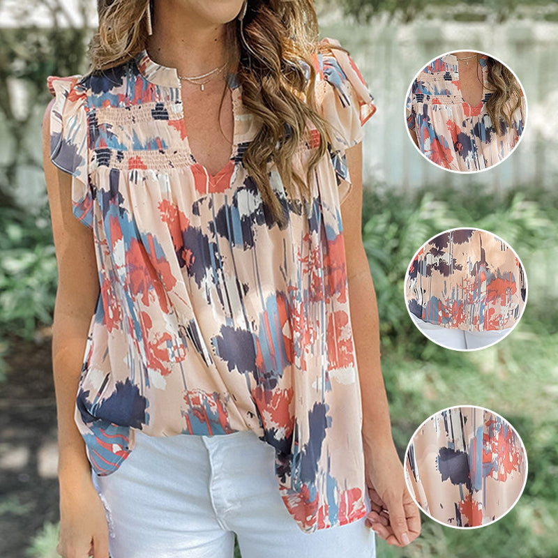 Printed Ruffle Trim V-Neck Chiffon Shirt