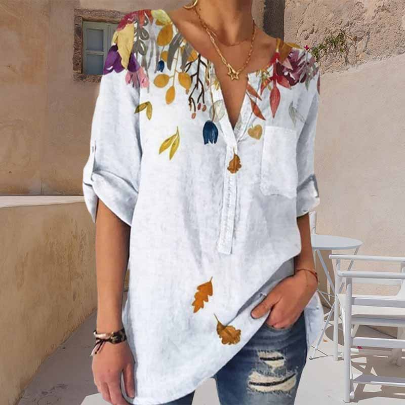Loose Print V-Neck 3/4 Sleeve Shirt