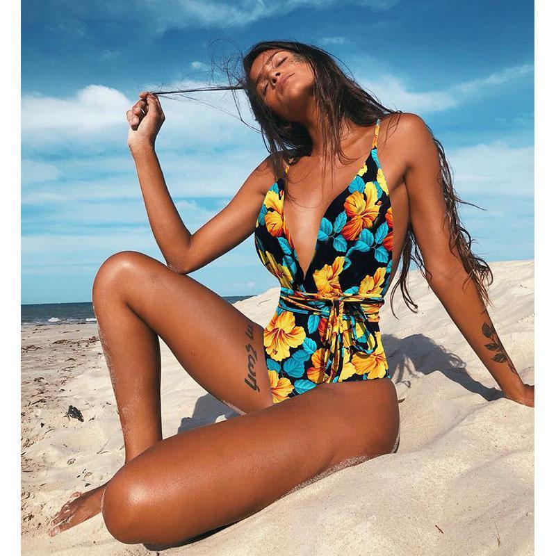 Women Multi-Flower Printed One Pieces Bikini