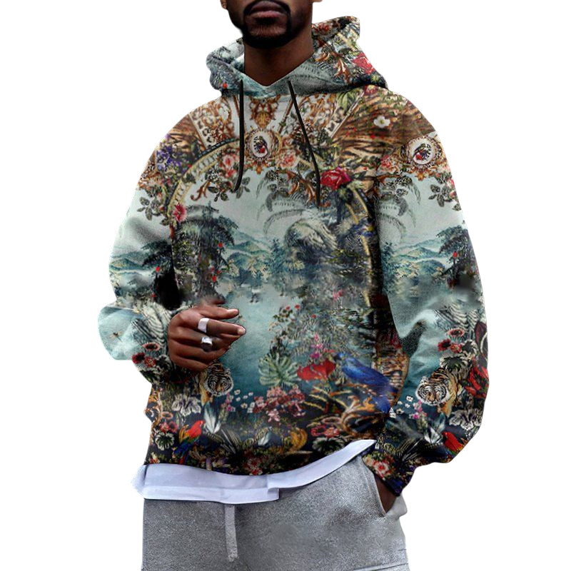 Round Neck Botanical Print Hoodie Sweatshirt