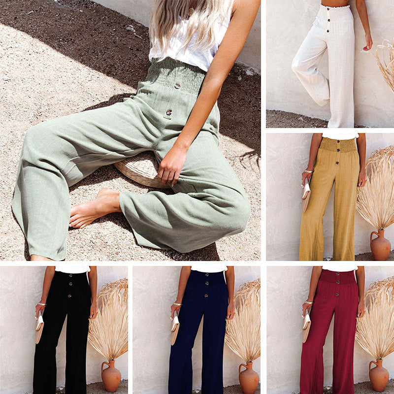 Cotton and Linen Elastic Wide Leg Pants