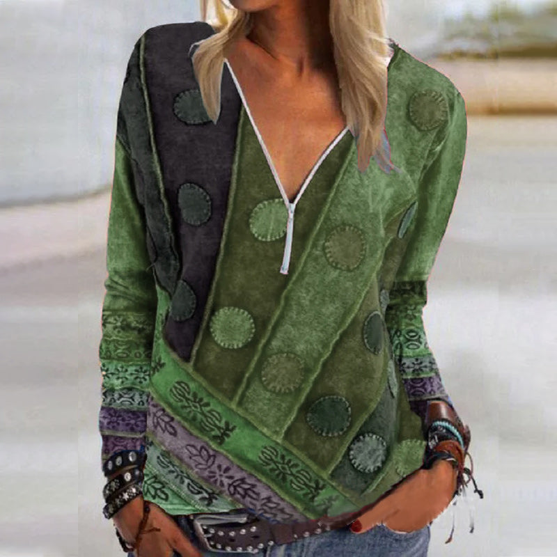 V Neck Abstract Long Sleeve Shift Shirts & Tops