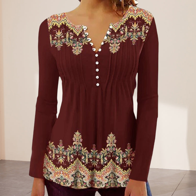 Round Neck Button Print Long Sleeve Top