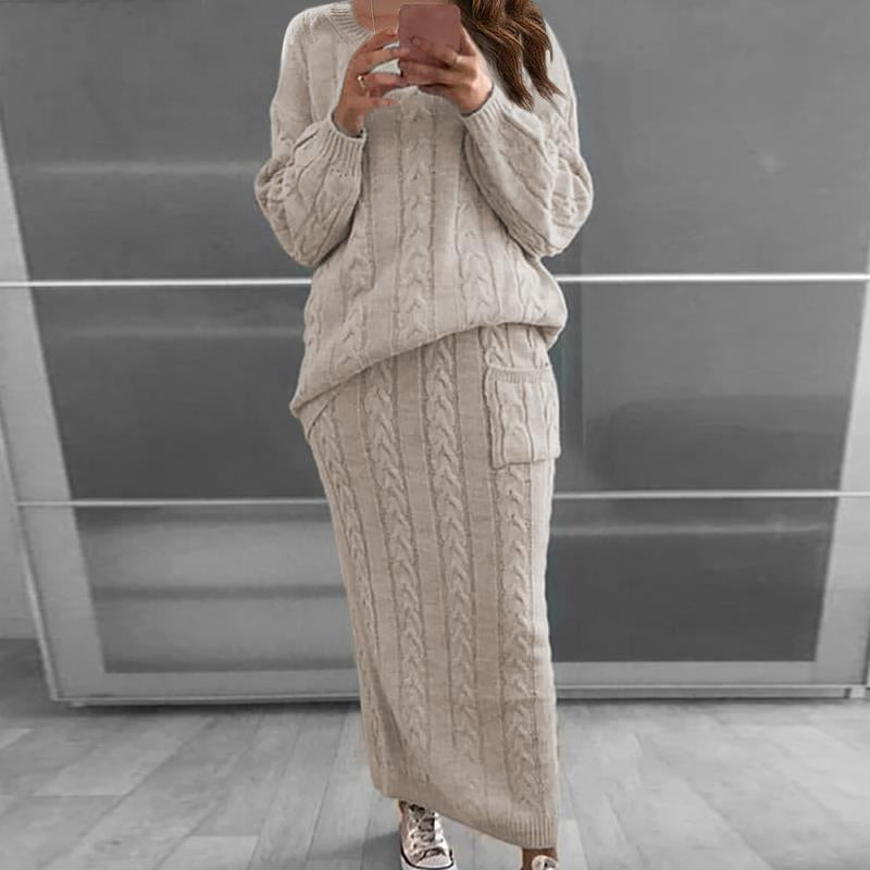 Cable Knit Patched Pocket Skirt Set