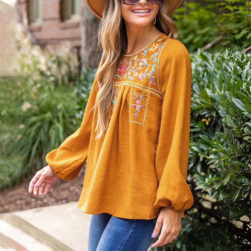 Ethnic Puff Sleeve Loose Crew Neck Pullover Top