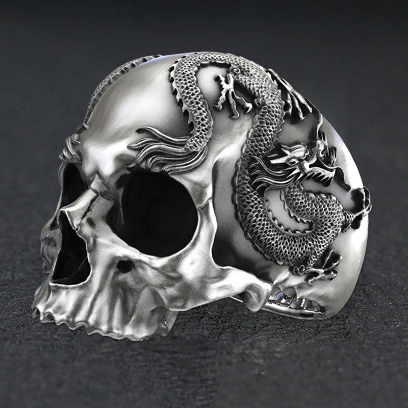 925 Silver Skull And Dragon Ring