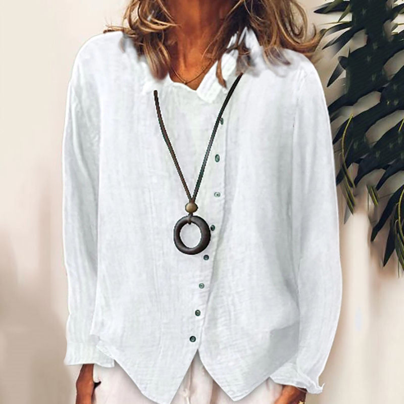 Solid Color Cotton Linen Lapel Shirt