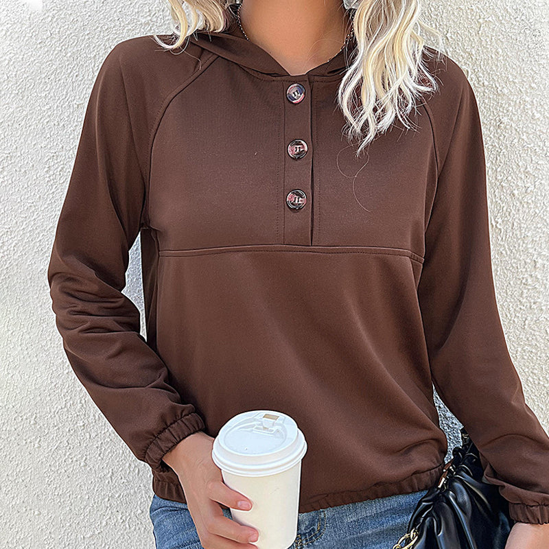 Ladies Casual Hooded Button Pullover Sweatshirt