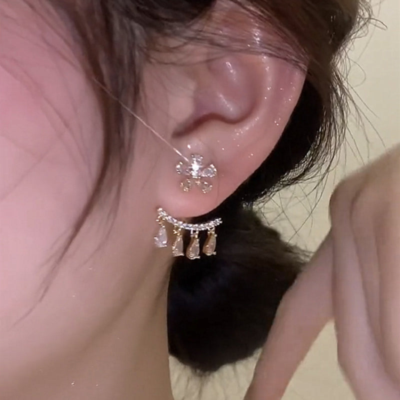 Flower Zircon Tassel Stud Earrings