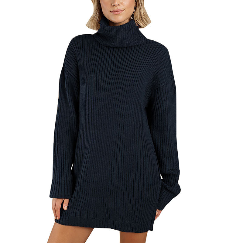 Women's Turtleneck Knit Long Sleeve Chunky Loose Sweater Dress