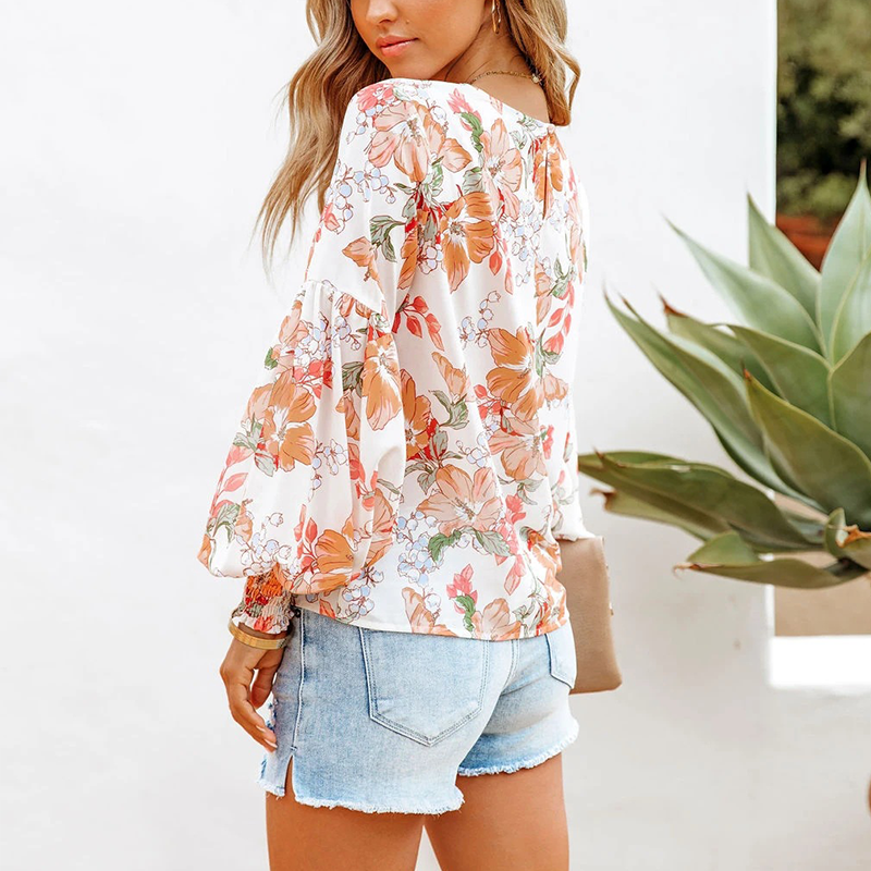Fashion Print Balloon Sleeve Long Sleeve Top
