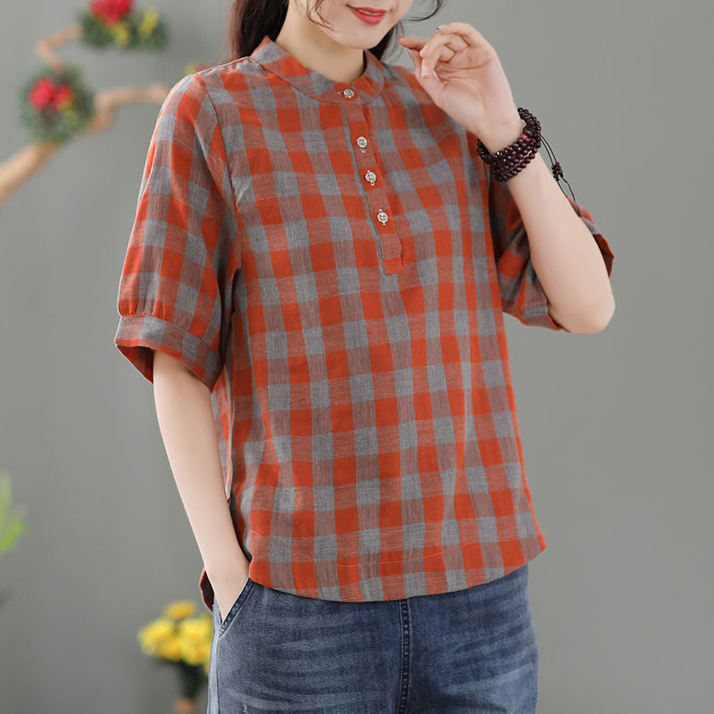 Vintage Plaid Lantern Sleeve Top