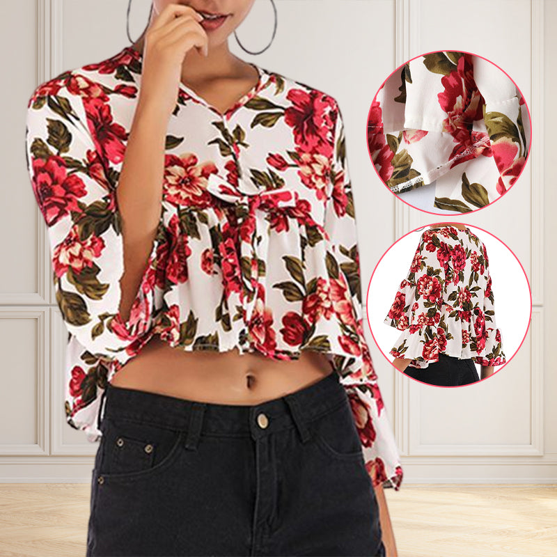 Ladies Summer V-Neck Flared Sleeve Printed Chiffon Shirt
