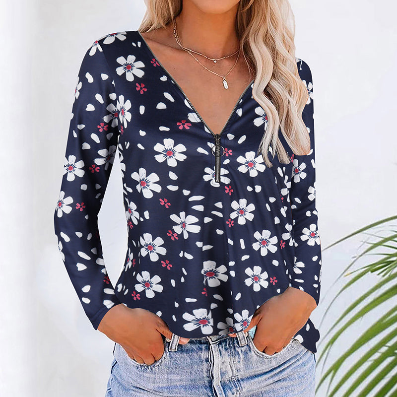 Floral Zipper V-neck Long Sleeves Shirt