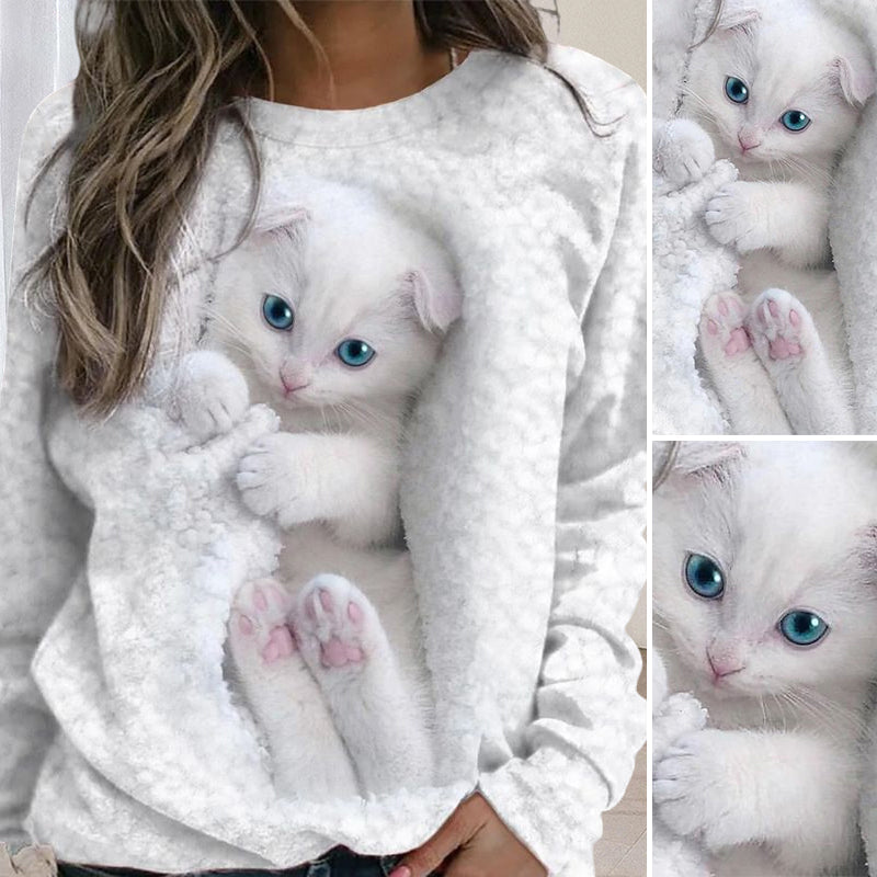 Round Neck Cat Print Sweatshirt