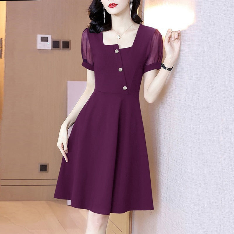 Square Neck Mesh Short Sleeve Dress