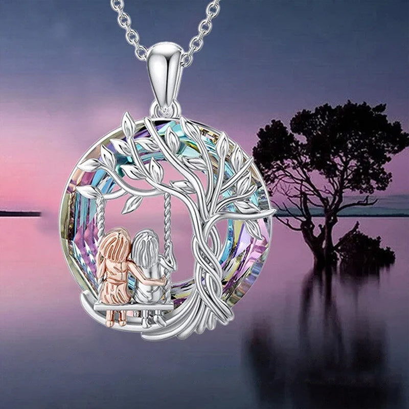 Tree of Life Sister on the Swing Crystal Pendant Necklace