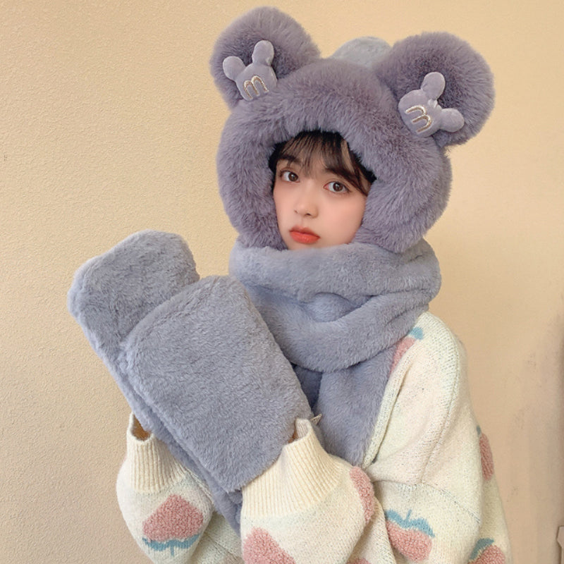 Warm Bear Hoodie Hat/Scarf/Gloves Set for Women