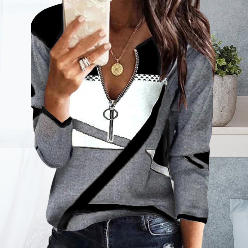 Women's Colorblock V-Neck Zip-Up Casual Sweatshirt