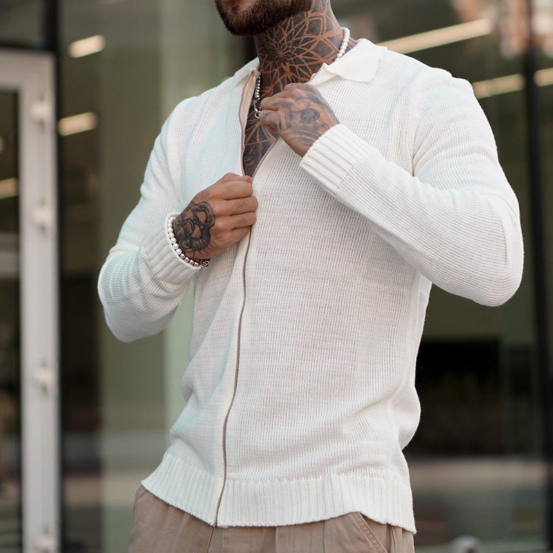 Men's White Long Sleeve Casual Fashion Zip Knit Sweater