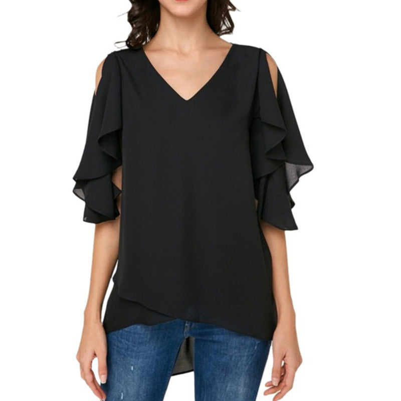 Women's Leaky Shoulder Lotus Leaf Sleeves Chiffon Top