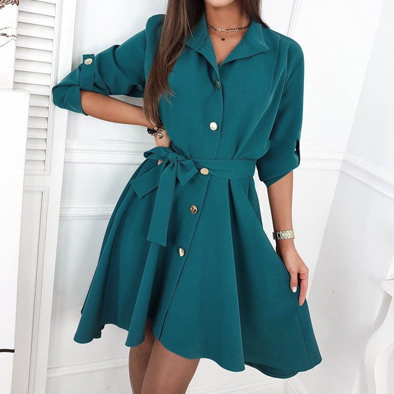 Solid Color Waist Button Belt Dress