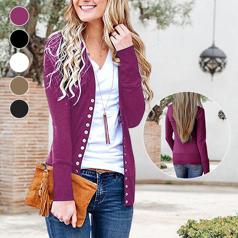 Solid Color V Neck Long Sleeve Button Cardigan