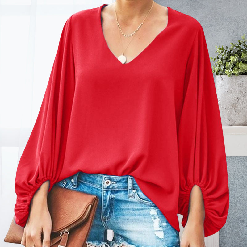 V-Neck Balloon Sleeve Loose T-Shirt