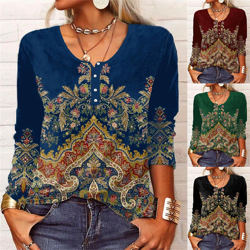 Floral Geometric Button T-Shirt