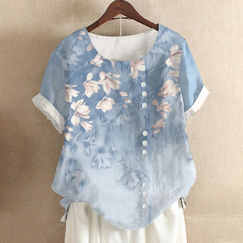 Women Cotton Linen Crew Neck Short Sleeve Tunic