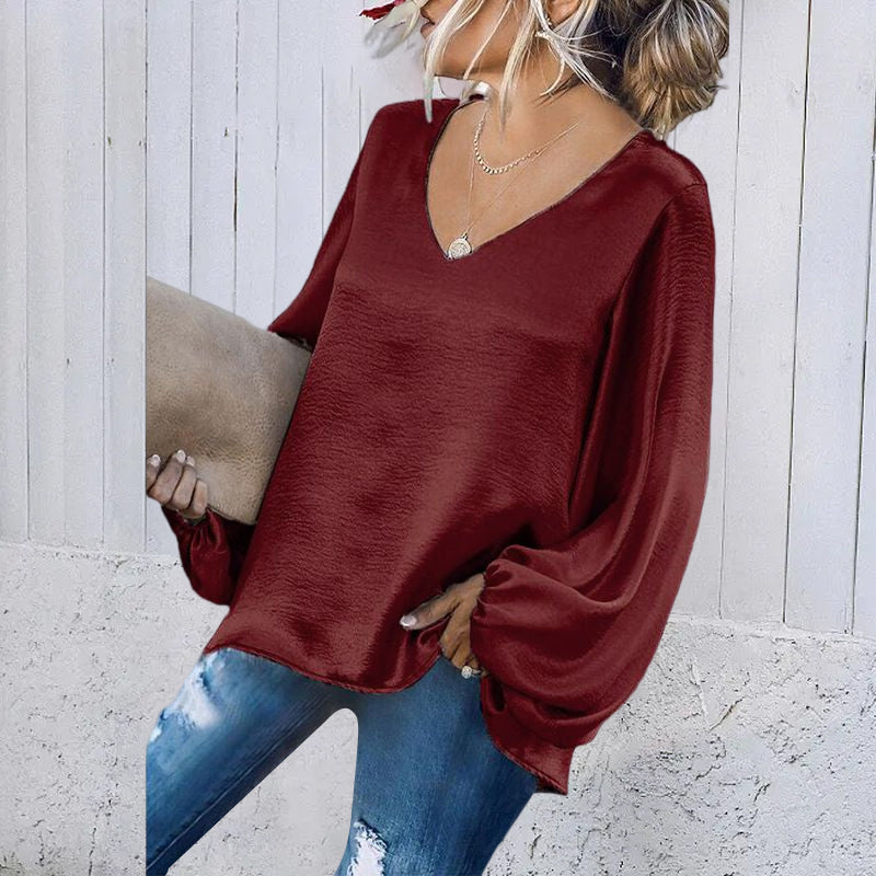 V-Neck Satin Long Sleeve Shirt